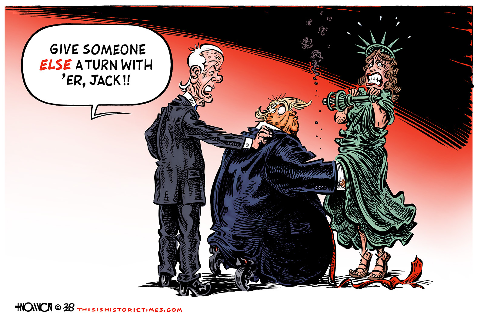 Donald Trump grabs Lady Liberty by the pussy while Joe Biden tries to do the same.
