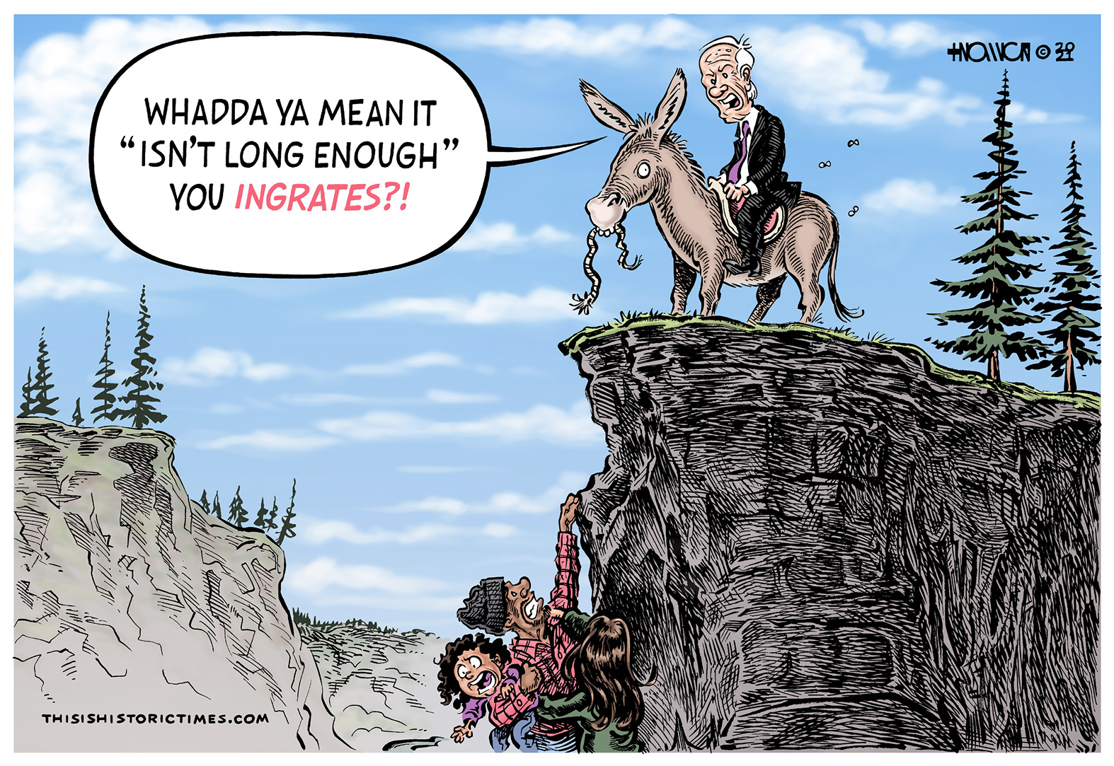 A family is need of help after falling off a cliff, but the rope Joe Biden brought is far too short for them to reach it.