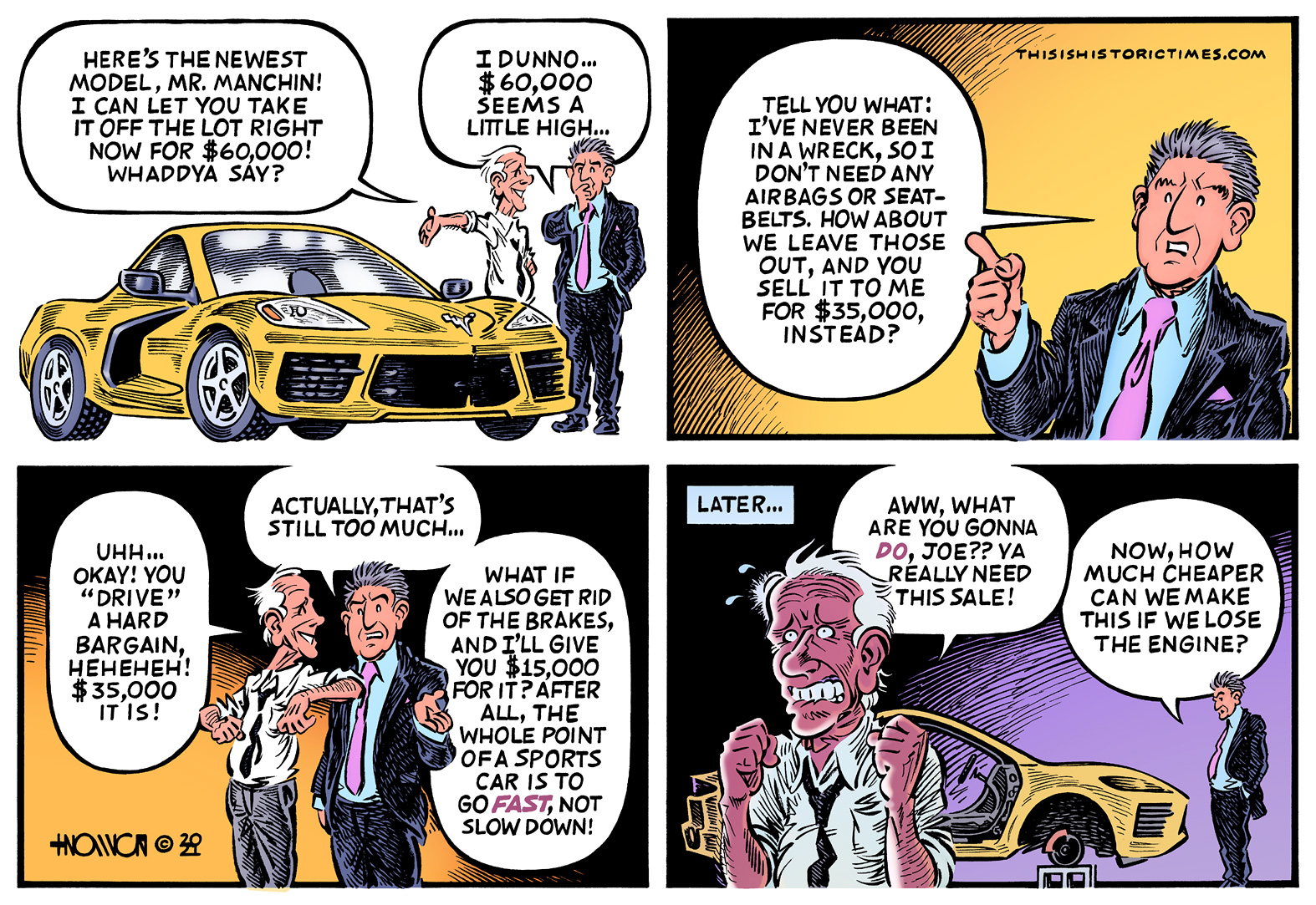Joe Biden, a bad salesman, attempts to sell a car to Joe Manchin, an even worse customer