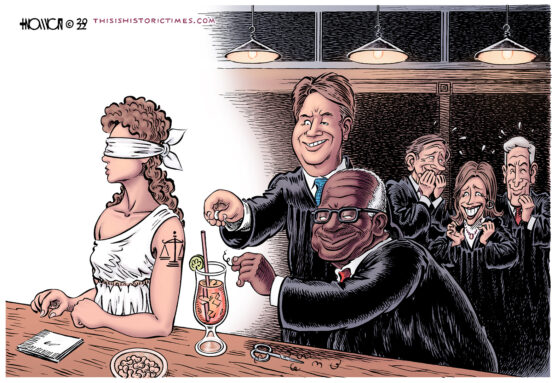 Brett Kavanaugh roofies Lady Justice and Clarence Thomas garnishes her beverage with a pubic hair while Samuel Alito, Amy Coney-Barrett, and Neil Gorsuch watch with amusement.