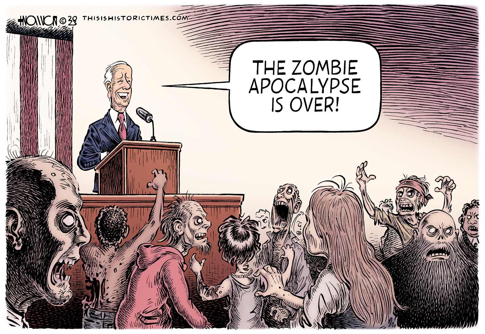 While surrounded by zombies which represent the COVID-19 pandemic, Joe Biden announces the zombie apocalypse is over.