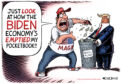 A guy in a MAGA T-shirt complains about the economy while dumping the contents of his wallet into a garbage can held by Donald Trump and labeled "bail fund."