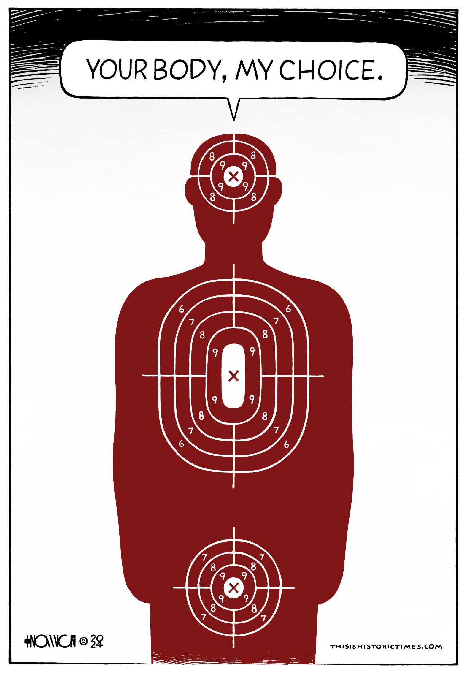 Human head & torso target from firing range saying, "your body, my choice," with additional target positioned over the figure's crotch.