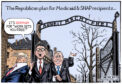 Donald Trump, Speaker of the House Mike Johnson, and House Majority Leader Steve Scalise present the latest version of "Arbeit Mact Frei!"