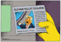 "Old Man Yells At Cloud" meme, only it's Donald Trump yelling at an escalator.
