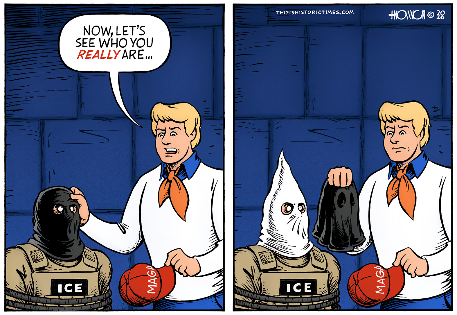 Fred Jones from Scooby-Doo unmasks an ICE agent, revealing the agent's Klan hood.